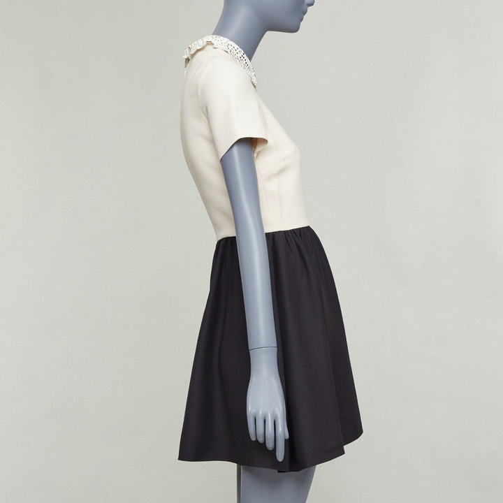VALENTINO cream black silver studded leather collar bicolor cocktail dress