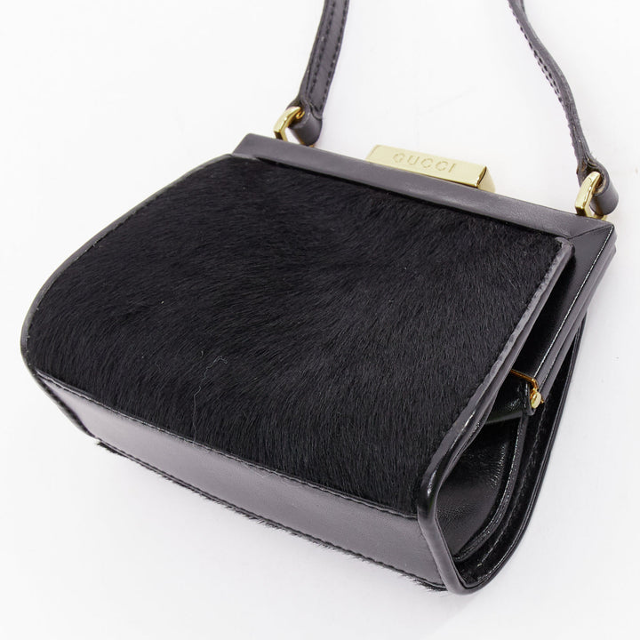 GUCCI Vintage Old Haroco black pony hair gold logo frame crossbody mini bag