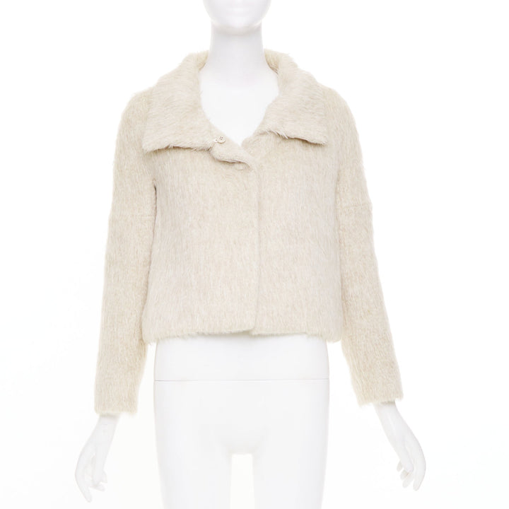 CHLOE Pierre cream fuzzy viscose single tortoiseshell button crop jacket FR34 XS