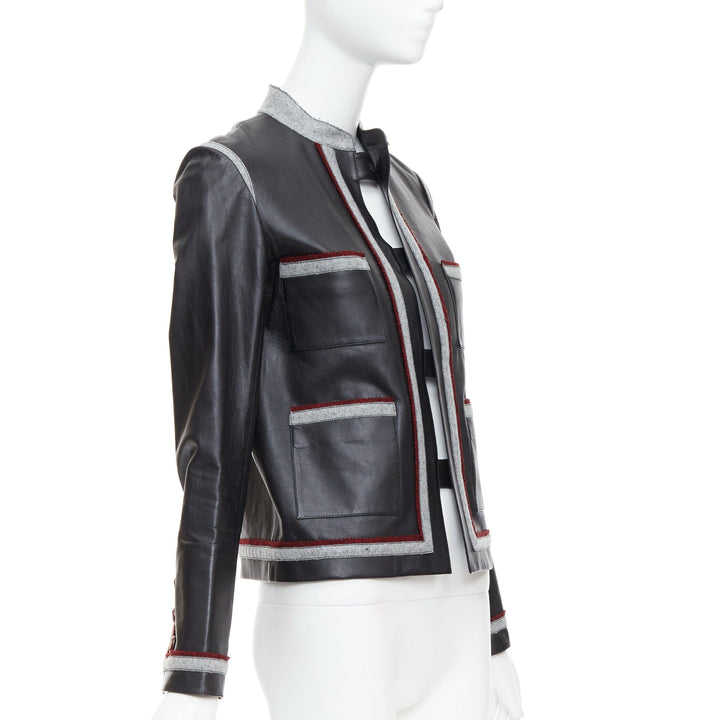 CHANEL 10A Paris Shanghai Runway black leather grey trim 4 pocket jacket FR36 S