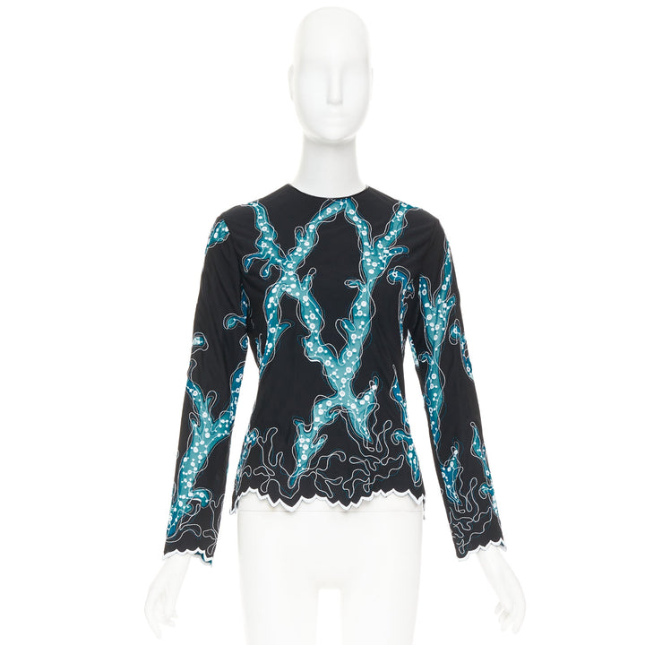 LOUIS VUITTON 2015 Runway black blue embroidered anglais scallop hem top FR38 M
