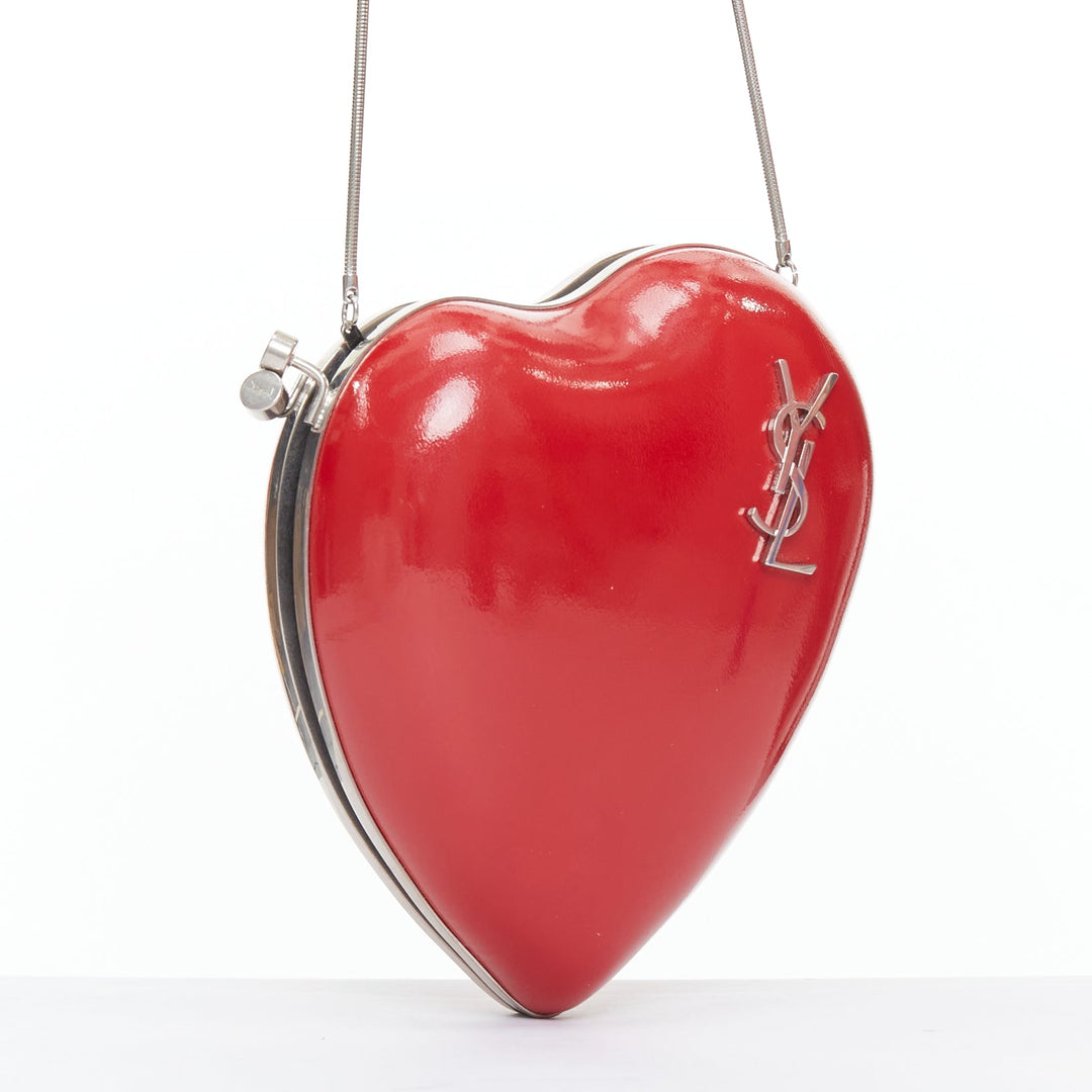 SAINT LAURENT Love Box red patent silver YSL logo heart box clutch chain bag