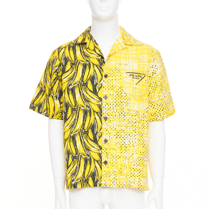 PRADA 2021 Runway Double Match Bananas Tweed yellow cotton bowling shirt S