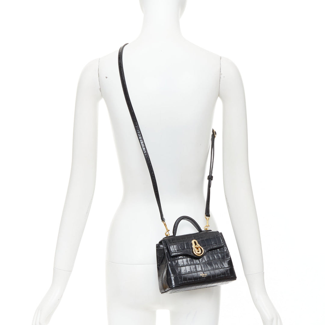 MULBERRY Micro Seaton black embossed cow hide gold turnlock logo crossbody bag