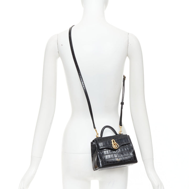 MULBERRY Micro Seaton black embossed cow hide gold turnlock logo crossbody bag