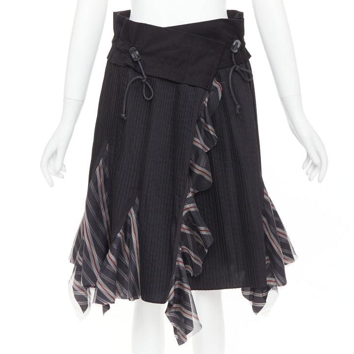 SACAI 2017 black plisse cowhide trim striped flare wrap knee skirt JP1 S