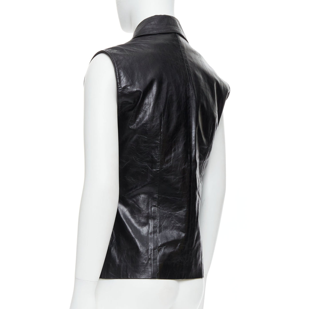 ANN DEMEULEMEESTER Vintage black genuine leather silver zip front vest S