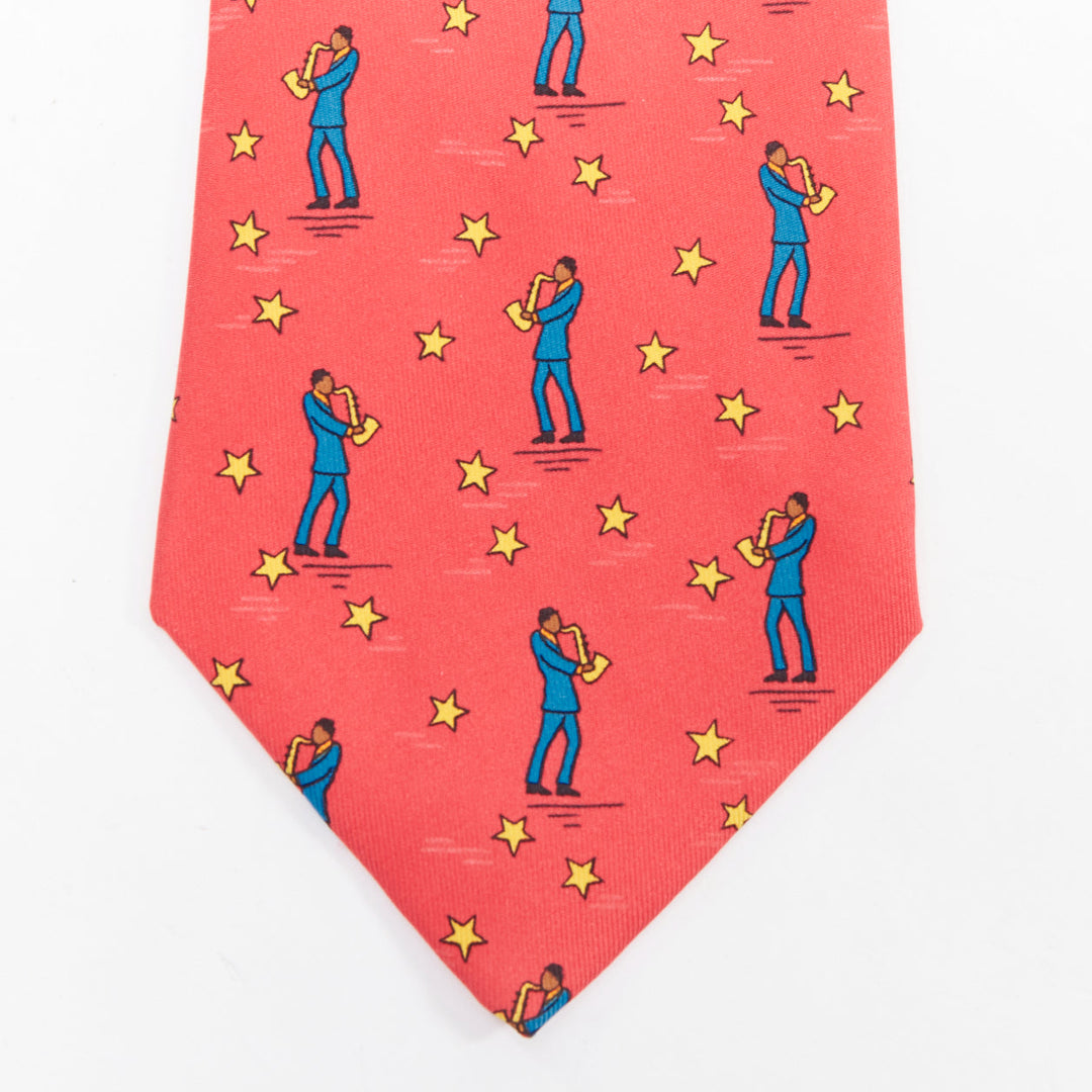 HERMES 7551 SA red yellow blue saxophone player star print silk tie