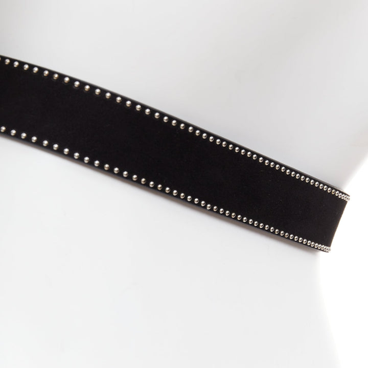 ALAIA black suede leather silver mini dome studded buckled belt 65cm