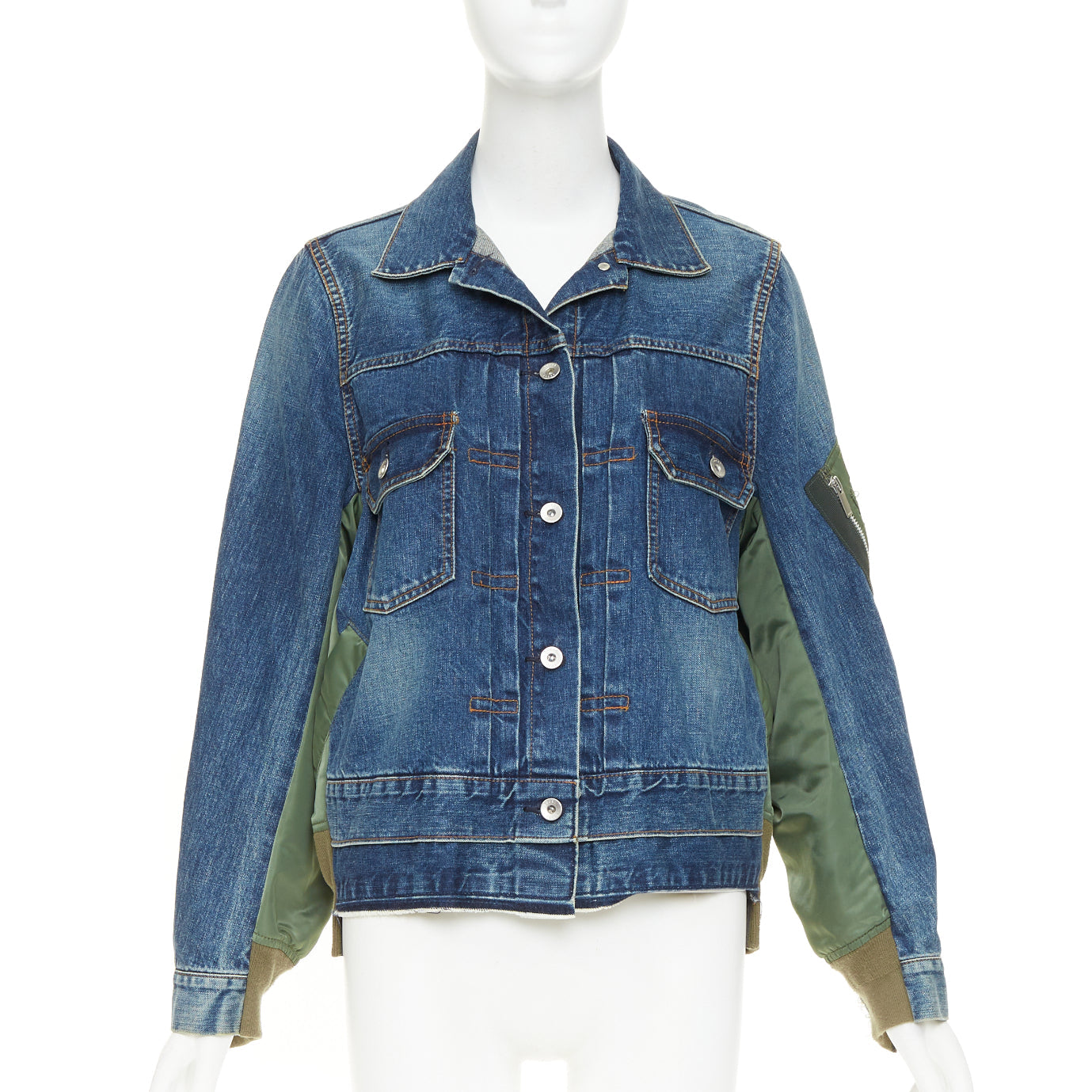 SACAI 2021 blue denim green nylon twill reconstructed hybrid MA-1