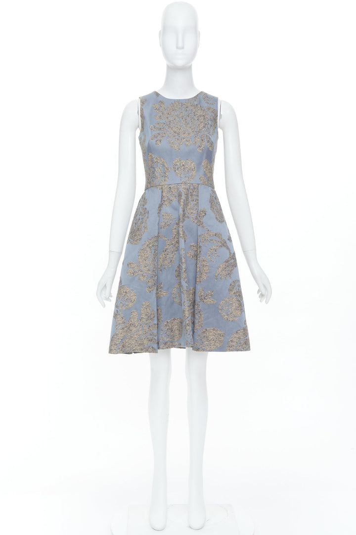 OSCAR DE LA RENTA F07 grey gold floral cotton flax jacquard dress US2 S