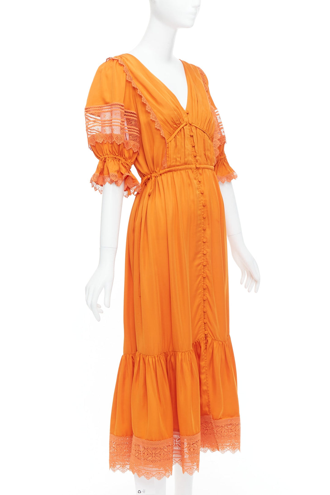 SELF PORTRAIT burnt orange lace trim satin twill ruffle midi dress UK8 S