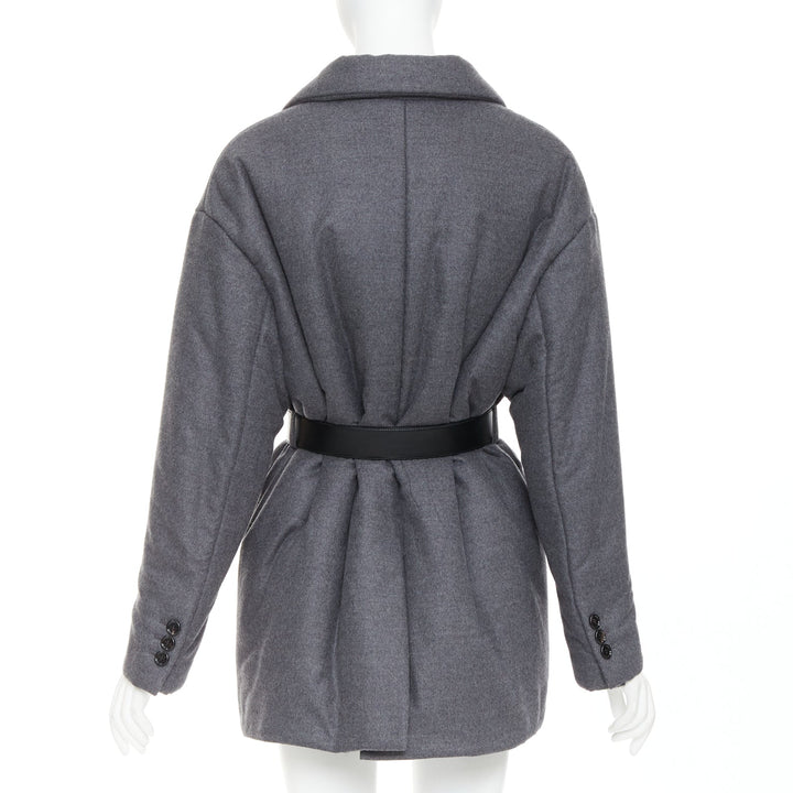 PRADA 2022 grey cashmere wool silver logo leather belted padded coat IT40 S