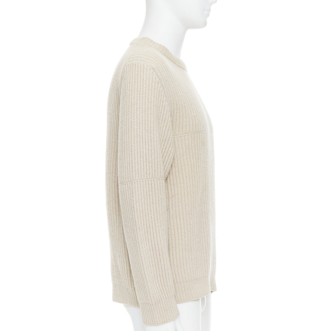 Male mannequin wearing Ermenegildo Zegna Puro Cashmere Beige Cashmere Men Sweater in Size EU48 | Available at JHROP