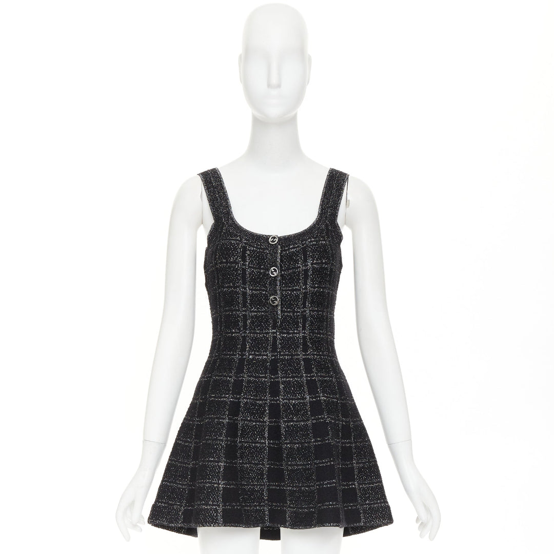 GUCCI 2024 black silver lame check jacquard vintage GG button mini dress XXS