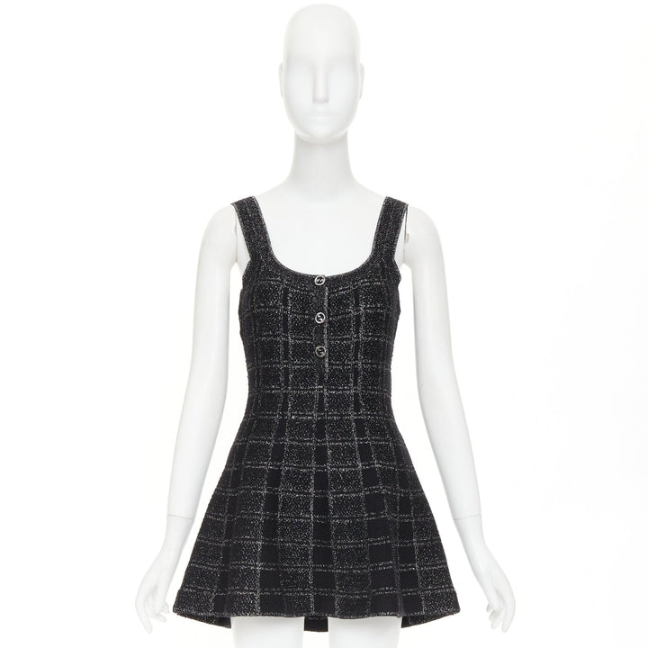 GUCCI 2024 black silver lame check jacquard vintage GG button mini dress XXS