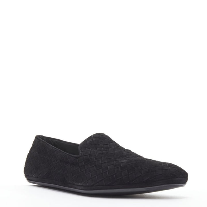 BOTTEGA VENETA Intrecciato Luxe suede black woven dress loafer shoes EU43