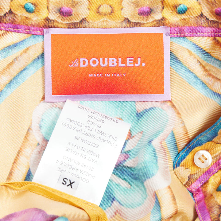 LE DOUBLE J Edition 36 Foulard 100% silk gold pink floral print kaftan shirt XS