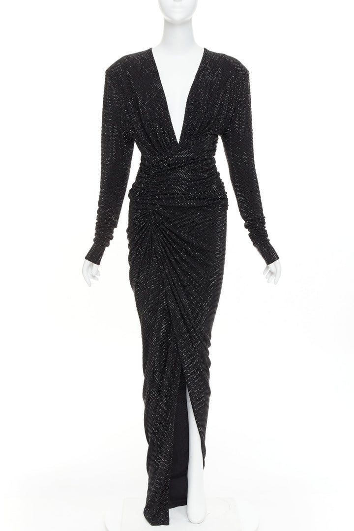 ALEXANDRE VAUTHIER black strass crystal Power shoulder padded wrap draped gown