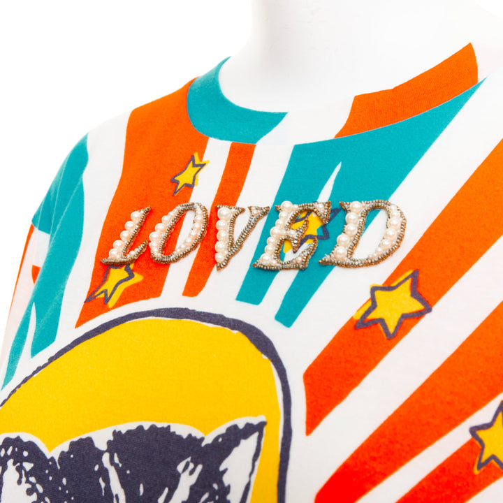 GUCCI 2017 LOVED Space Cat Astronaut embroidered beaded orange blue t-shirt S