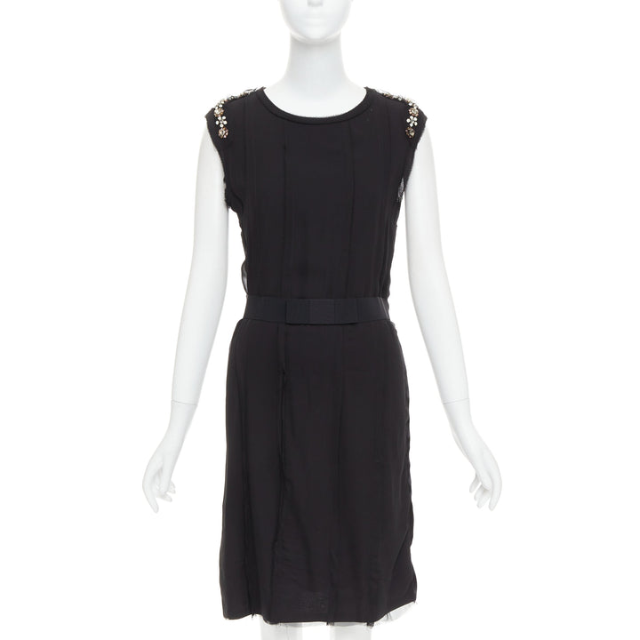 LANVIN black bamboo cotton crystal rhinestone belted dress M
