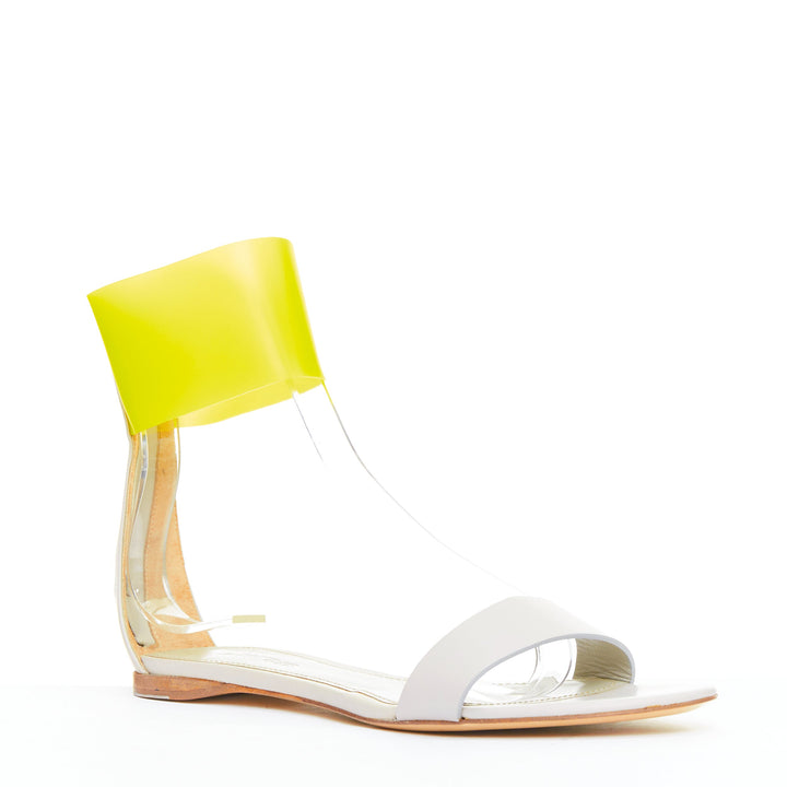 JIL SANDER neon yellow rubber ankle strap grey leather flat sandals EU37