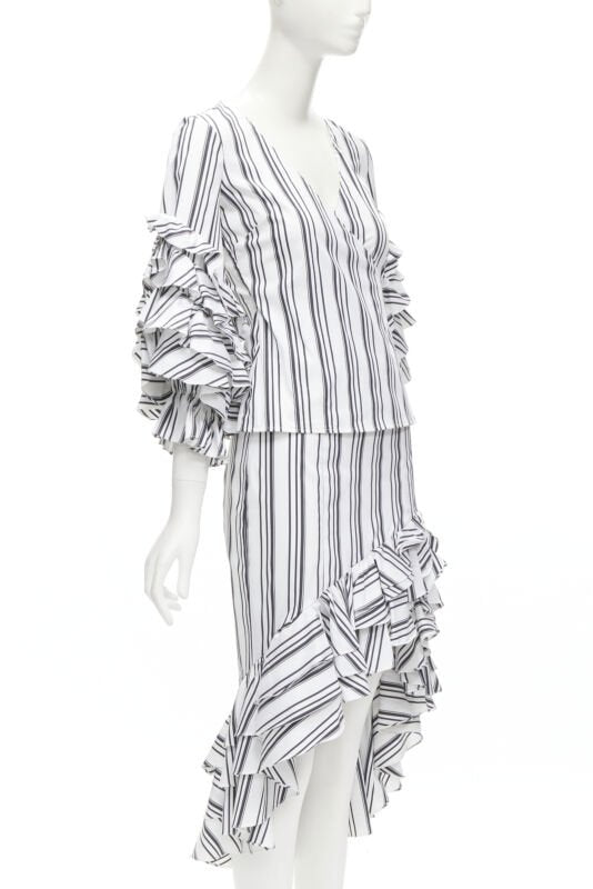 CAROLINE CONSTAS black white ruffled stripes wrap top high low skirt set XS