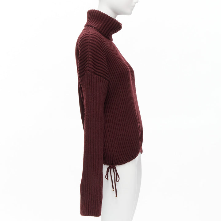 GUCCI 100% wool burgundy brown tie side drop sleeve turtleneck jumper IT38 XS