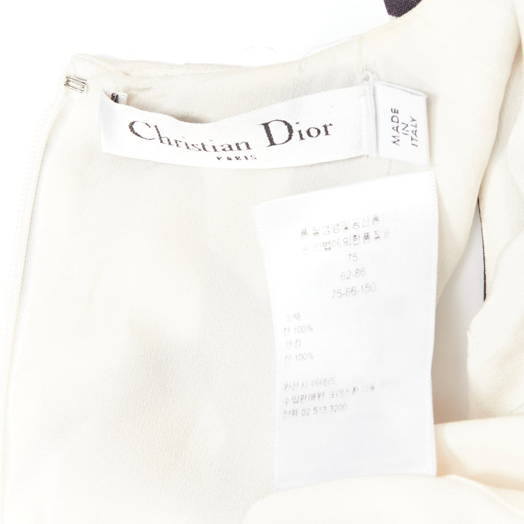 CHRISTIAN DIOR cream black 100% silk bold floral print ruched neck dress FR36 S