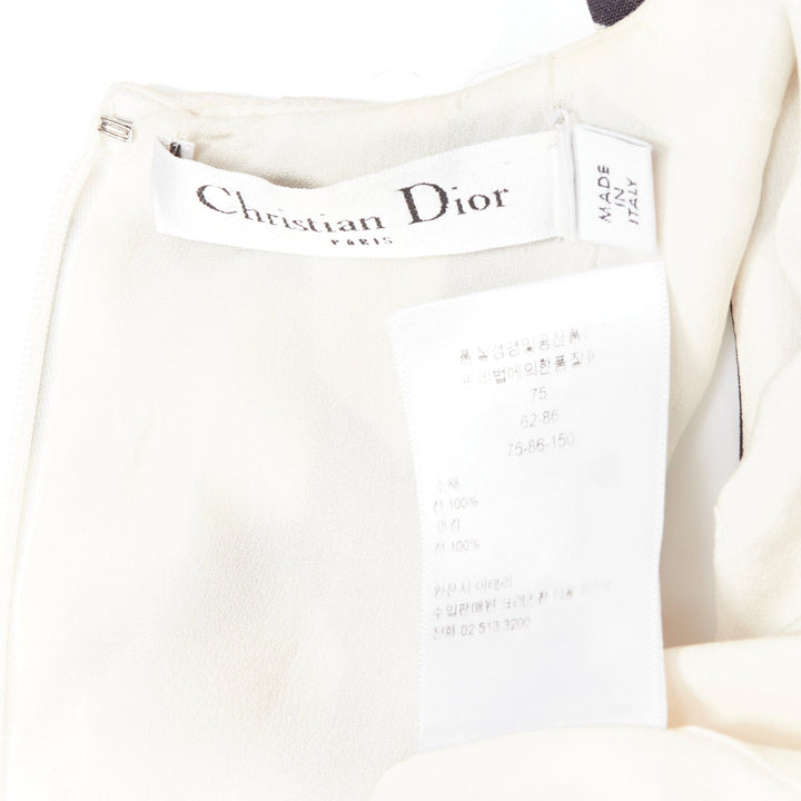 CHRISTIAN DIOR cream black 100% silk bold floral print ruched neck dress FR36 S