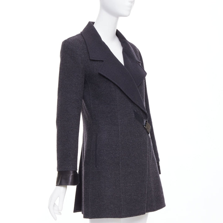 CHANEL 00A dark grey wool blend logo metal buckle asymmetric coat FR38 M