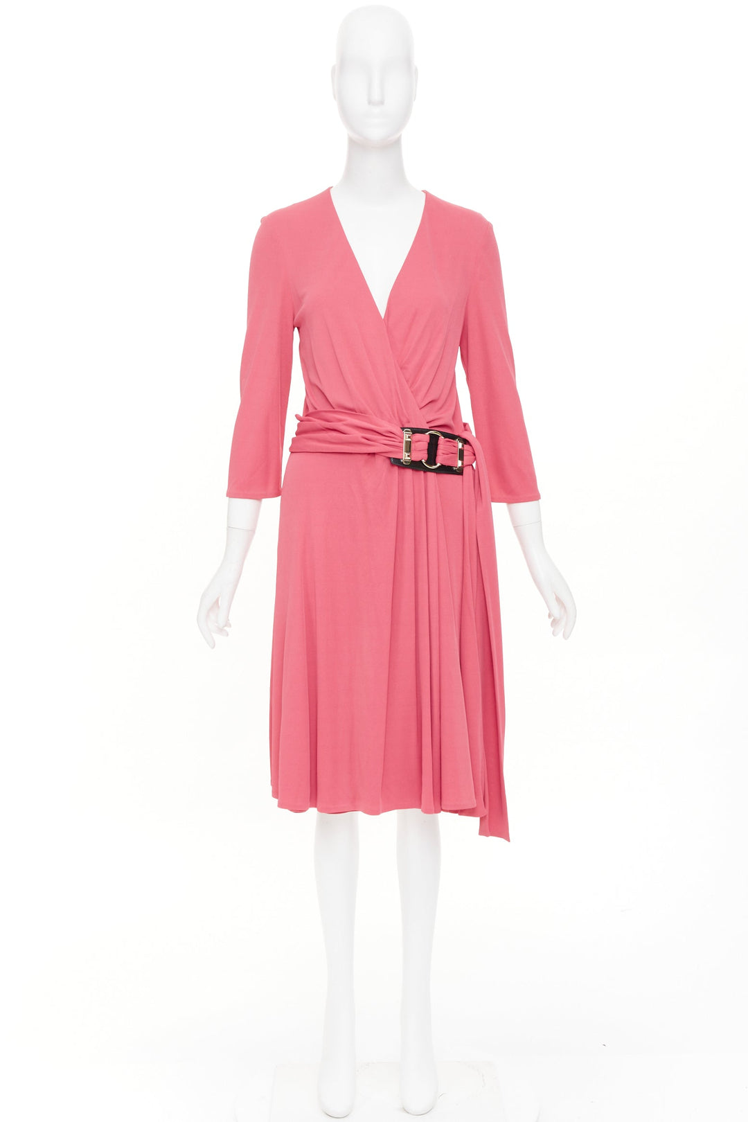 GUCCI 2007 pink viscose gold link buckle asymmetric drape wrapped midi dress M