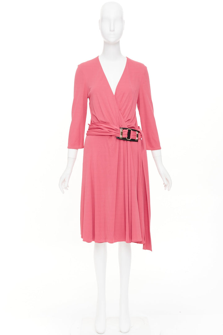 GUCCI 2007 pink viscose gold link buckle asymmetric drape wrapped midi dress M