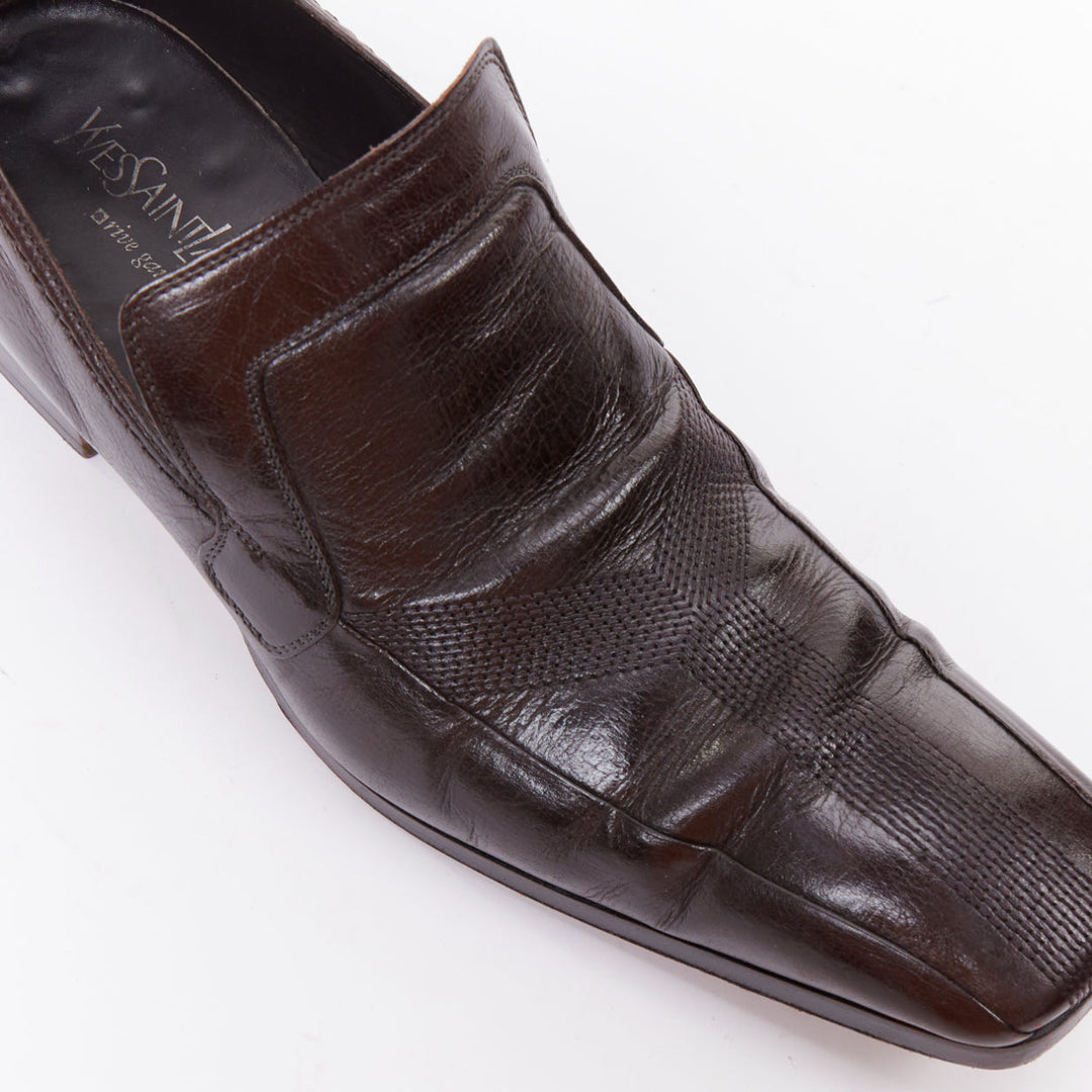 YVES SAINT LAURENT dark brown leather Y overstitch square toe loafers UK7 EU41