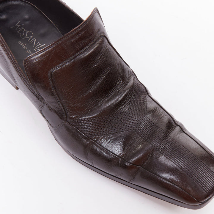 YVES SAINT LAURENT dark brown leather Y overstitch square toe loafers UK7 EU41