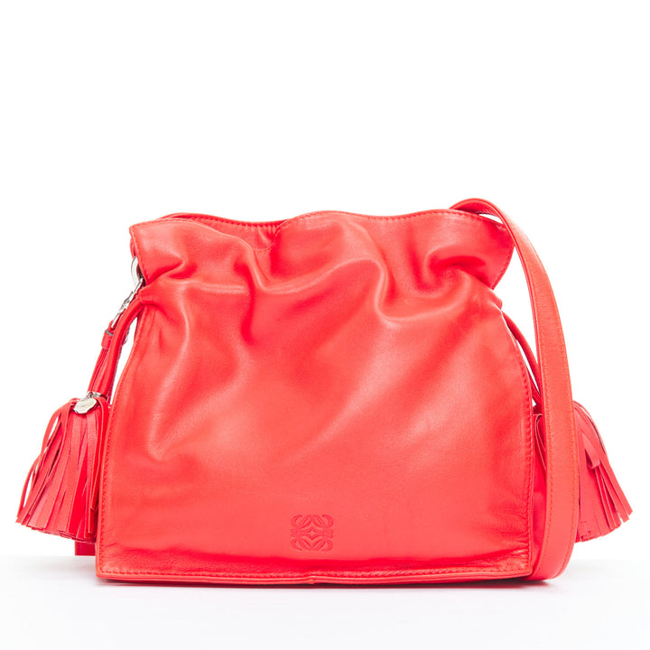 LOEWE Vintage Flamenc Tassel red soft leather anagram crossbody bucket bag