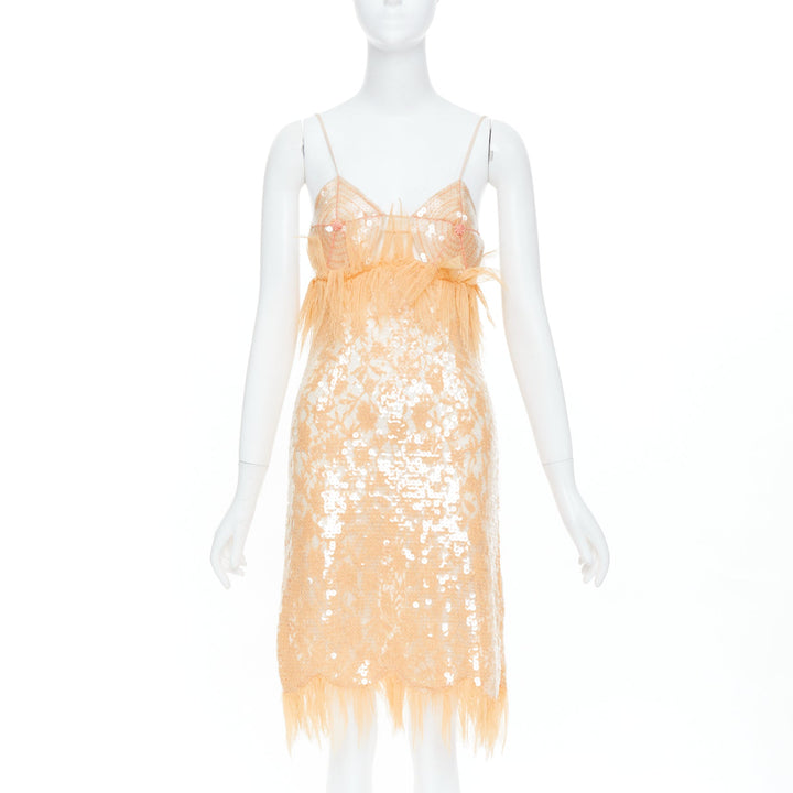 rare BOTTEGA VENETA 2022 Runway nude sequin nipple feather slip dress IT36 XXS