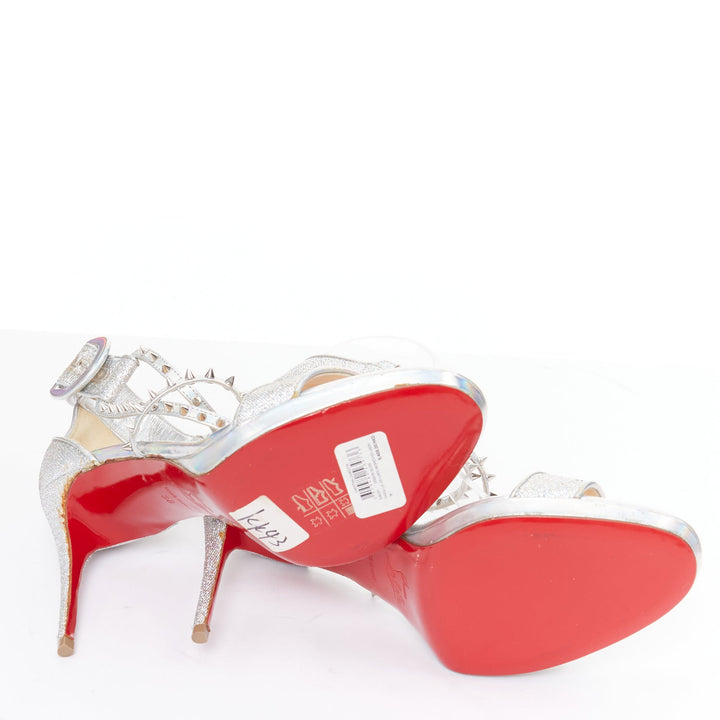 CHRISTIAN LOUBOUTIN Lurex Choca Lux 120 silver glitter studded sandal EU38