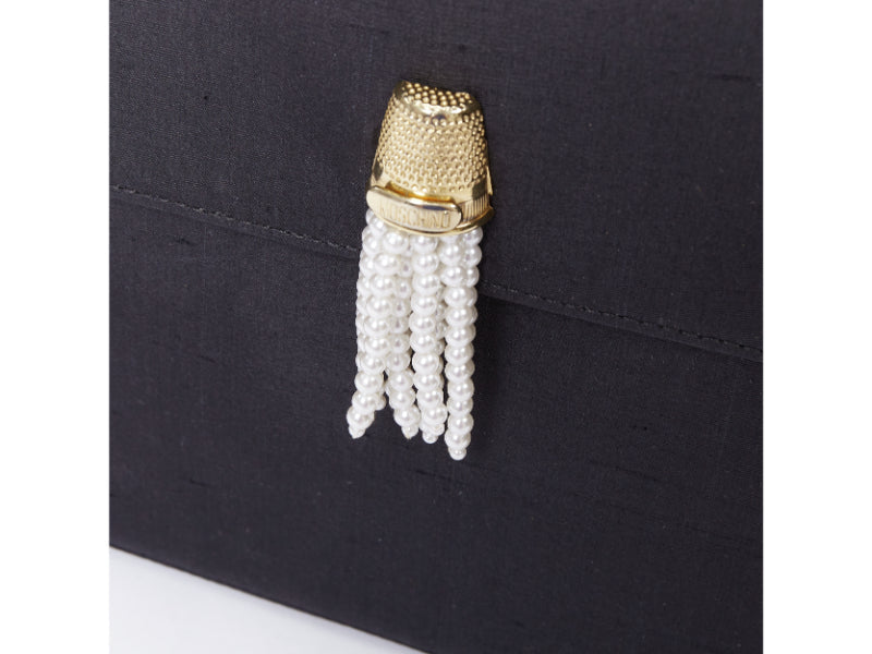 MOSCHINO 1990s Vintage black raw silk pearl gold handle tassel top handle bag
