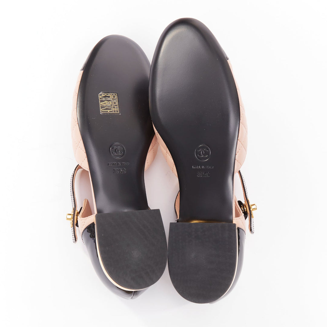 CHANEL 2022 pink quilted leather  black patent turnlock CC mary-janes EU39.5
