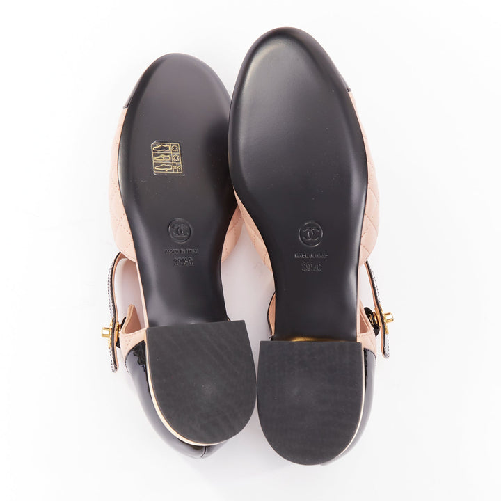 CHANEL 2022 pink quilted leather  black patent turnlock CC mary-janes EU39.5