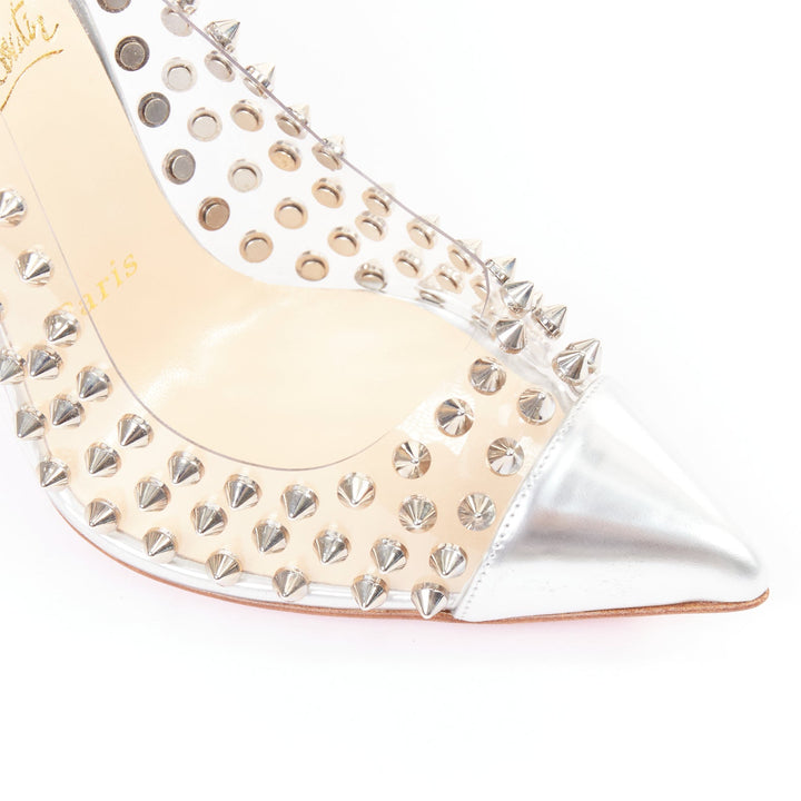 CHRISTIAN LOUBOUTIN Spike Me 100 Metal Gloss silver PVC spike stud pumps EU38