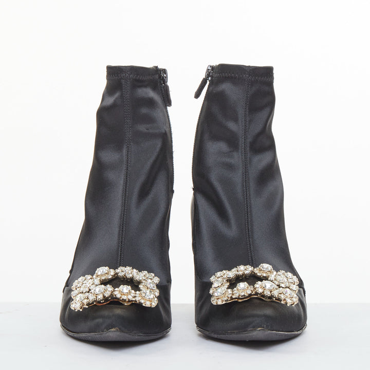 ROGER VIVIER Flower Strass black silk satin crystal buckle sock booties EU40