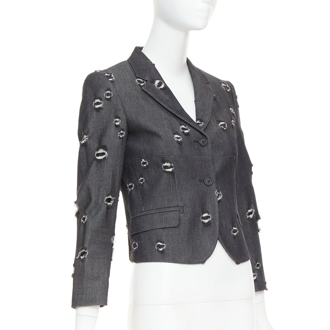MIU MIU 2009 grey distressed holey cotton crop blazer schoolboy jacket IT38 XS
