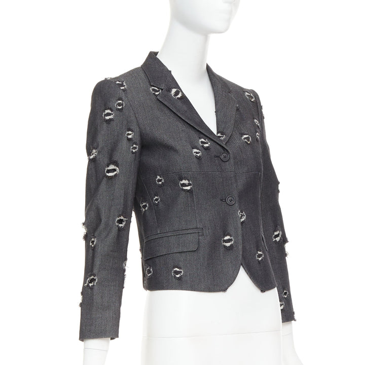 MIU MIU 2009 grey distressed holey cotton crop blazer schoolboy jacket IT38 XS