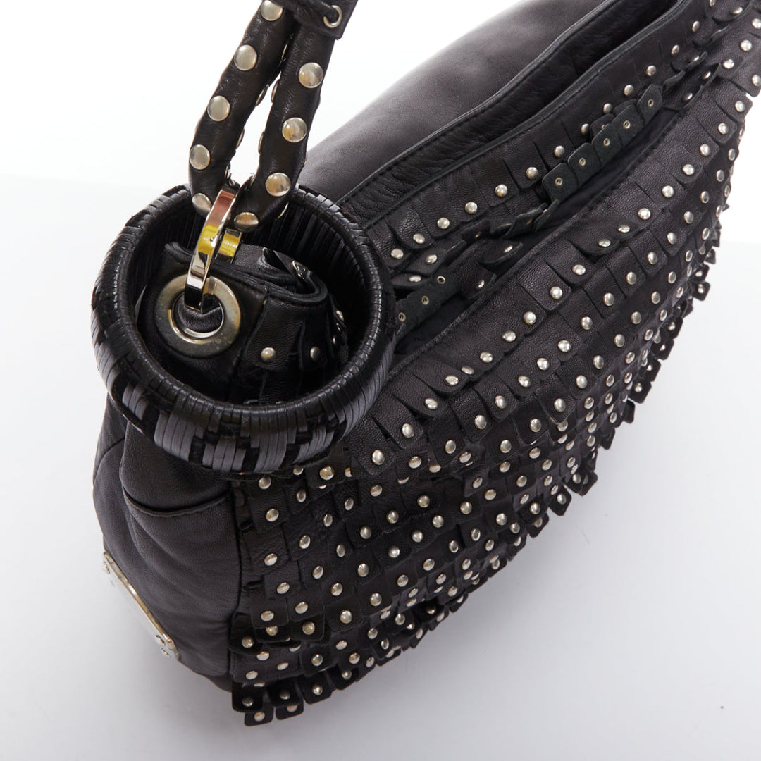 JIMMY CHOO Sky black studded suede fringe cuff strap hobo bag