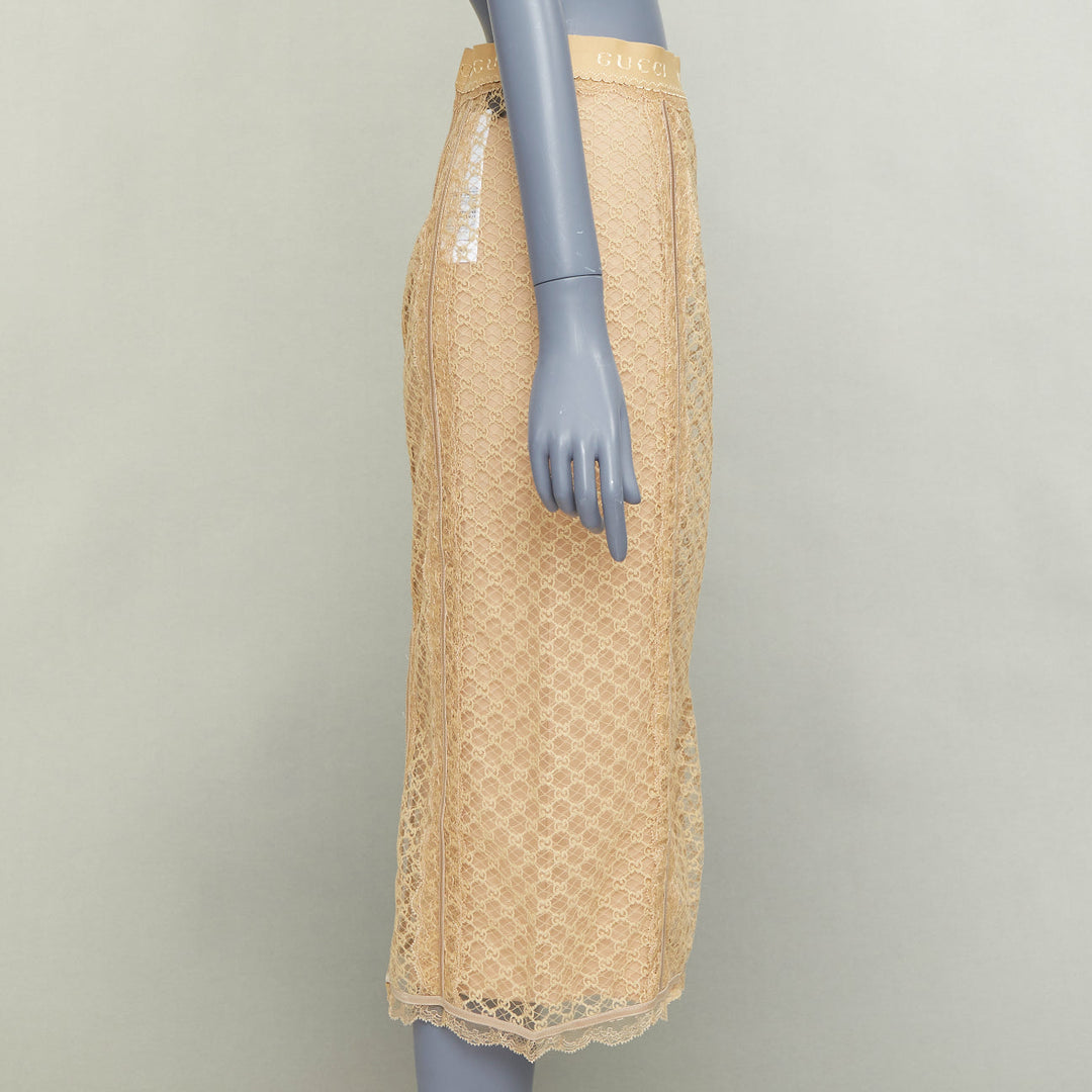 GUCCI 2022 Runway Aria beige nude GG mesh lace lingerie midi skirt M