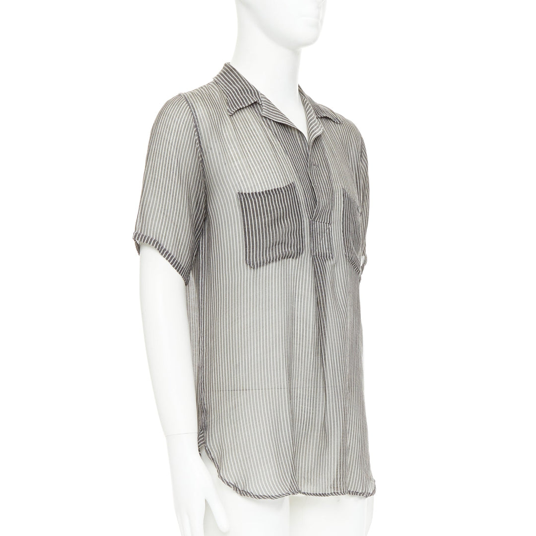 DRIES VAN NOTEN grey off white sheer striped buttoned polo shirt IT48 M