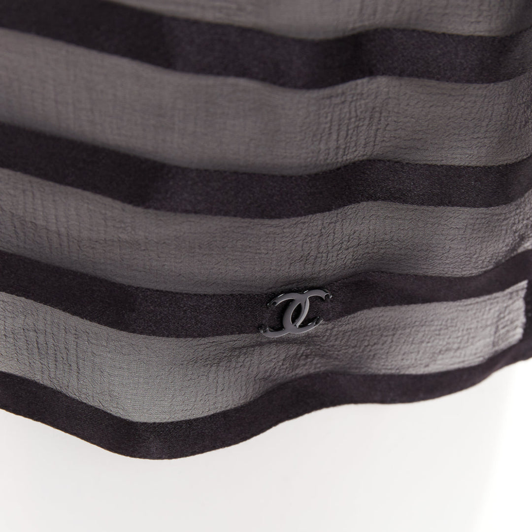 CHANEL black 100% silk sheer striped chiffon puff sleeve blouse FR36 S