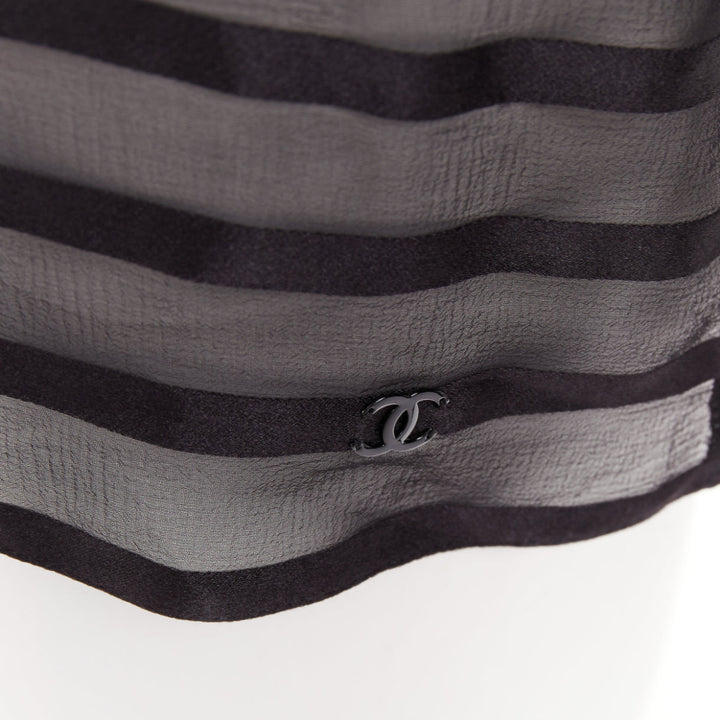 CHANEL black 100% silk sheer striped chiffon puff sleeve blouse FR36 S